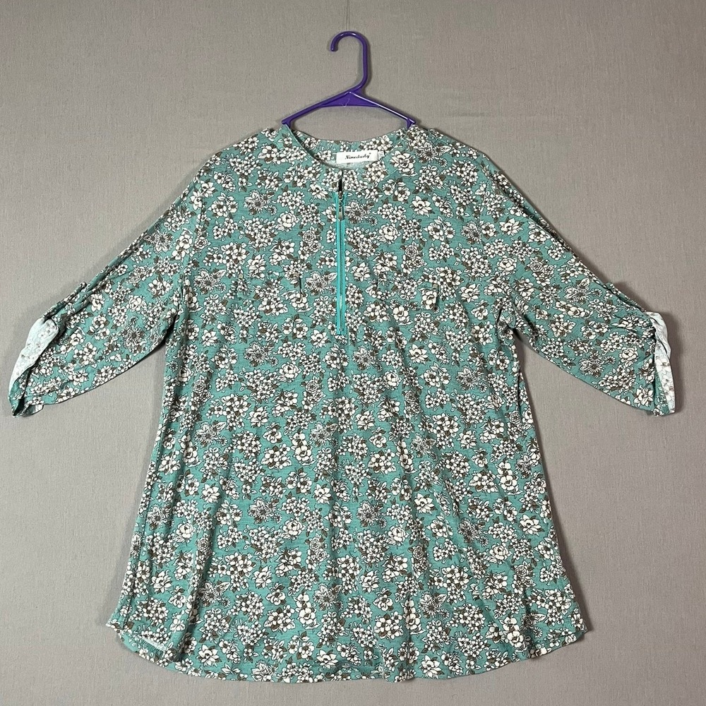 Ninedaily Floral Tunic XL Roll Tab Sleeve Quarter Zip Teal Blue Top EUC